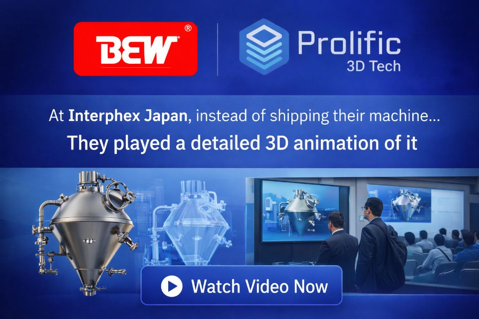 BEW Engineering conical vacuum dryer 3D animation playing on screen at Interphex Japan
